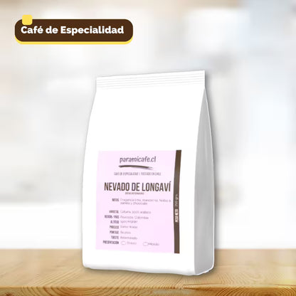 Bolsa de café de especialidad descafeinado con etiqueta morada, 250 g.