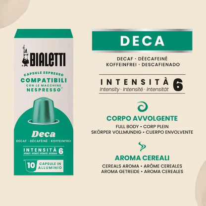 Perfil de Descafeinado Bialetti para Nespresso, intensidad 6 y aroma a cereal.