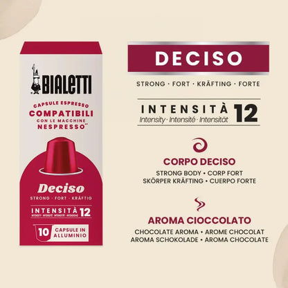 Perfil de Deciso Bialetti: intensidad 12 y aroma a chocolate, cápsulas compatibles con Nespresso.