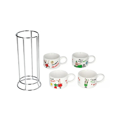 Conjunto de 4 tazas de capuchino blancas con ilustraciones y asas