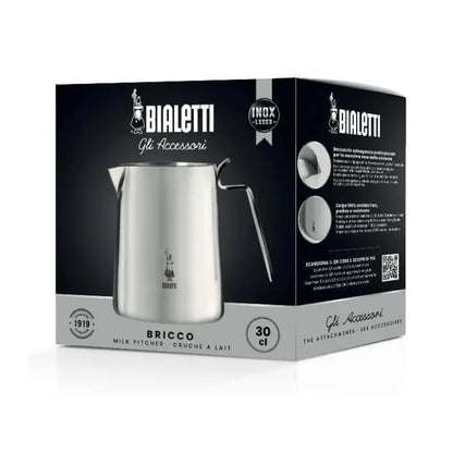 Caja Bialetti de accesorios con jarra espumadora de leche de acero inoxidable.