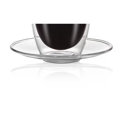 Plato de vidrio transparente para vasos de doble pared, con taza oscura apoyada
