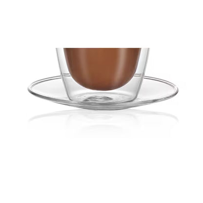 Plato circular de vidrio para vasos de doble pared, con taza marrón apoyada