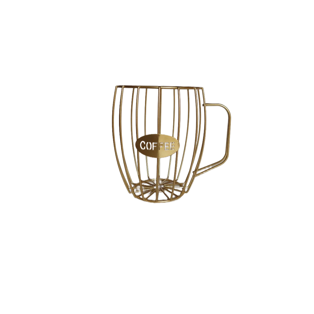 Porta cápsulas de taza de café de malla metálica dorada con asa