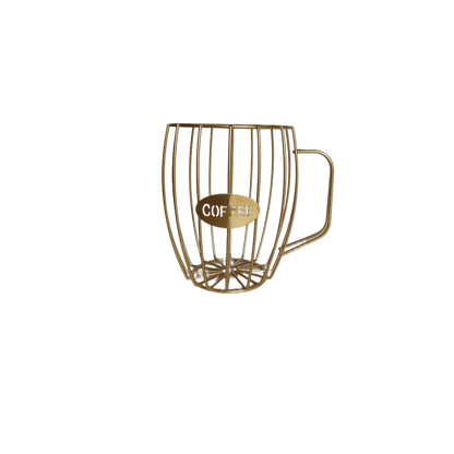 Porta cápsulas de taza de café de malla metálica dorada con asa