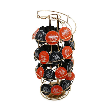 Porta cápsulas giratorio de metal dorado con base redonda y compartimentos Dolce Gusto