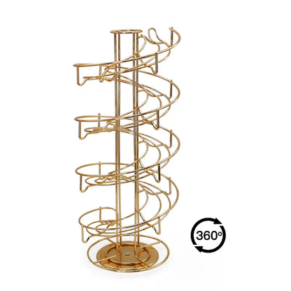Porta cápsulas giratorio 360° con estructura de metal dorado y base circular
