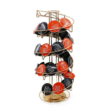 Porta cápsulas giratorio con estructura dorada y varios compartimentos, para cápsulas Dolce Gusto