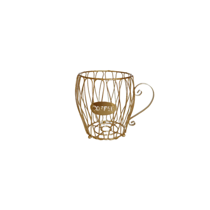 Porta cápsulas de taza de café de malla metálica dorada con asa y tapa