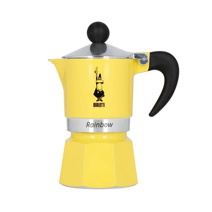 Cafetera tipo moka Rainbow amarilla con tapa plateada y asa negra curvada
