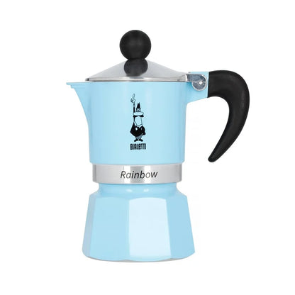 Cafetera italiana tipo moka Bialetti Rainbow celeste con asa negra y tapa plateada