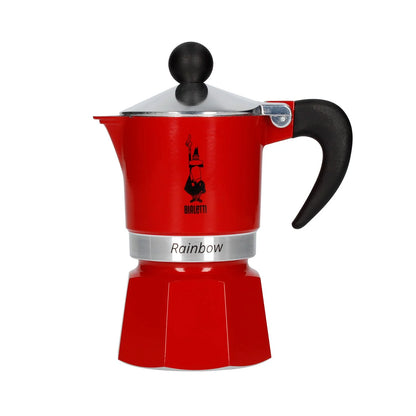 Cafetera tipo moka Rainbow roja con tapa plateada y asa negra curvada