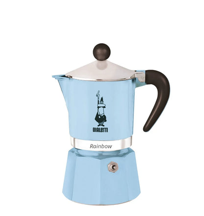 Cafetera italiana tipo moka Bialetti Rainbow celeste con asa negra y tapa plateada