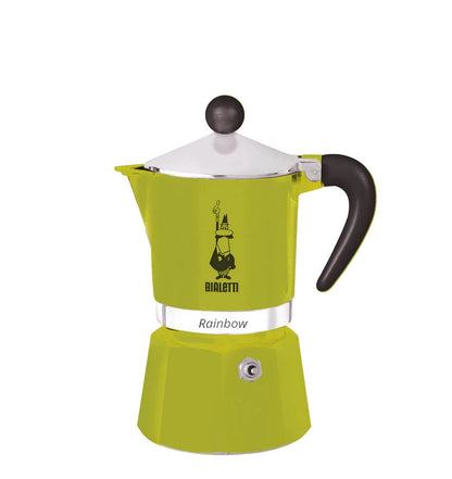 Cafetera italiana tipo moka Bialetti Rainbow verde lima con asa negra y tapa plateada