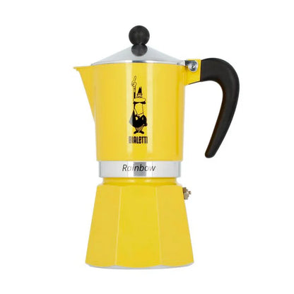 Cafetera italiana tipo moka Bialetti Rainbow amarilla con asa negra y tapa plateada