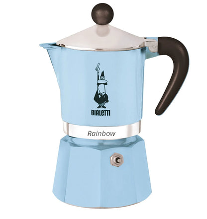 Cafetera italiana tipo moka Bialetti Rainbow celeste con asa negra y tapa plateada