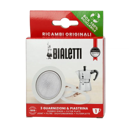 Caja de repuesto Bialetti con junta de goma y filtro redondo perforado