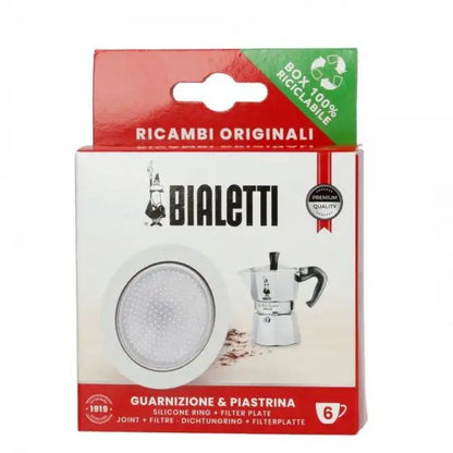 Repuesto para moka Bialetti: empaquetadura y filtro, caja con indicación 6 tazas
