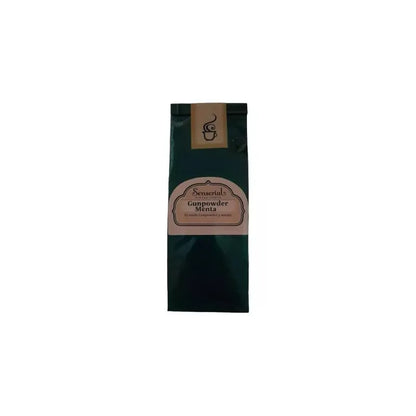Bolsa de té verde sensorial Gunpowder Menta, empaque oscuro con etiqueta marrón