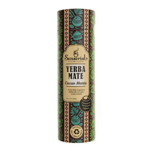 Tarro de yerba mate Sensorial Cacao y Menta, envase cilíndrico, 250 g