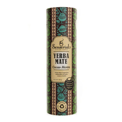 Tarro de yerba mate Sensorial Cacao y Menta, envase cilíndrico, 250 g