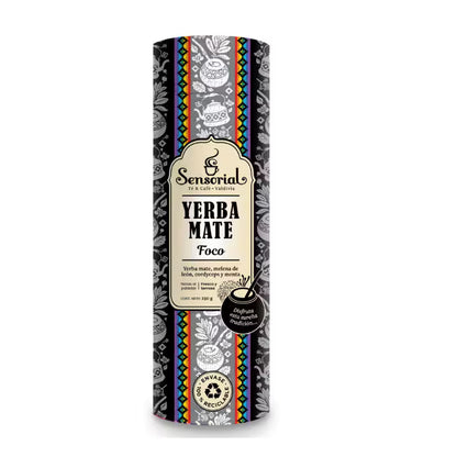 Tarro de yerba mate Sensorial Foco, envase cilíndrico negro, 250 g