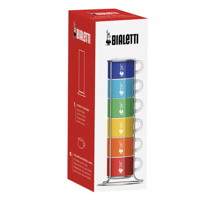 Juego de 6 tazas apilables de colores Bialetti, caja roja con ilustración del set