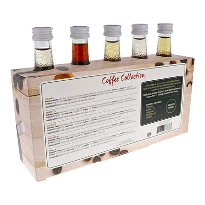 Set de jarabes MONIN Coffee Collection: caja con etiqueta trasera y 5 frascos