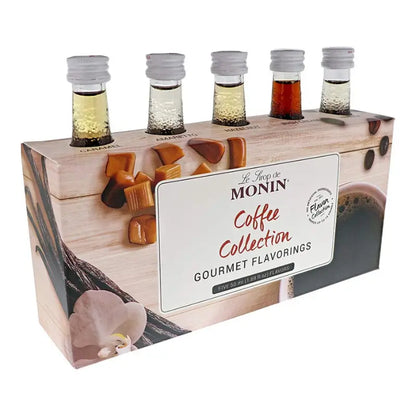 Set de jarabes para café MONIN Coffee Collection con 5 frascos con tapa plateada
