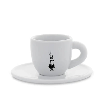 Taza de espresso blanca con plato y dibujo de Bialetti en negro