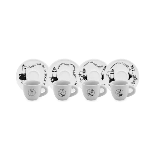 Set de 4 tazas moka blancas con platos a juego y diseño