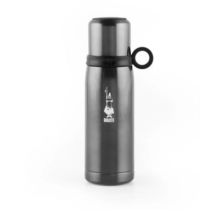 Termo térmico Bialetti gris con tapa superior y anilla negra, acabado metálico.