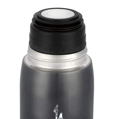 Termo térmico Bialetti gris oscuro con tapa superior, vista cercana del cierre.