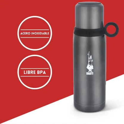 Termo térmico Bialetti gris con tapa y anilla lateral, 460 ml.