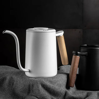 Tetera para vertido Timemore en blanco, tapa y asa de madera