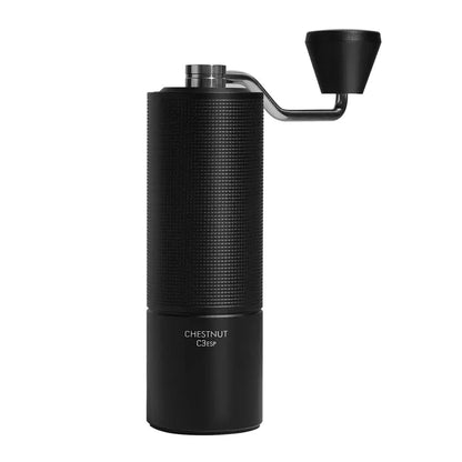 Molino de café negro alto con manivela y base cilíndrica