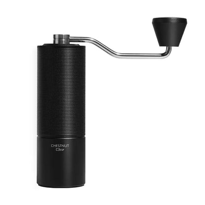 Molino de café negro con manivela curvada y tolva superior