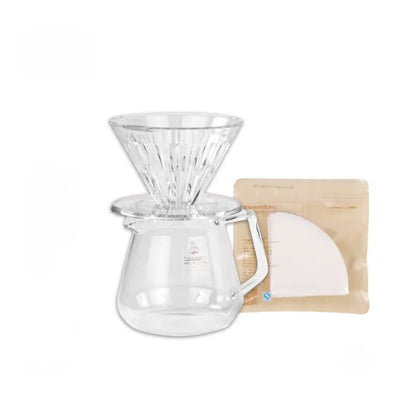 Conjunto de cafetera de goteo transparente: embudo sobre base de vidrio y bolsa de repuesto