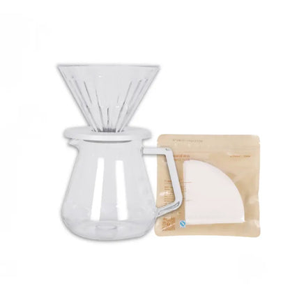 Cafetera de goteo transparente con embudo y jarra de vidrio, asa lateral y bolsa incluida