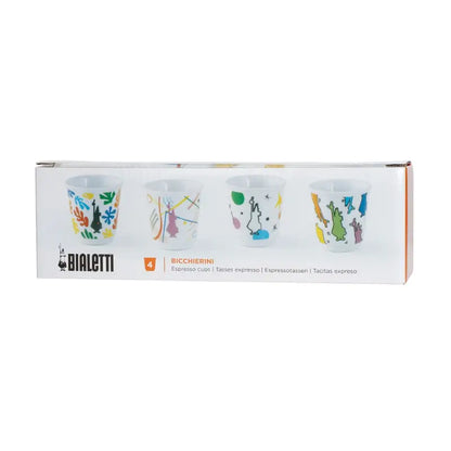 Set de 4 vasos de espresso Bialetti en caja, con ilustraciones de diseño multicolor