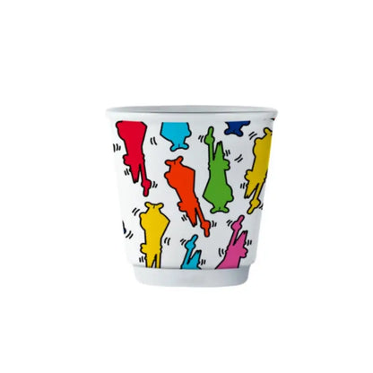 Vaso de espresso Bialetti de cerámica blanca con patrón multicolor de figuras