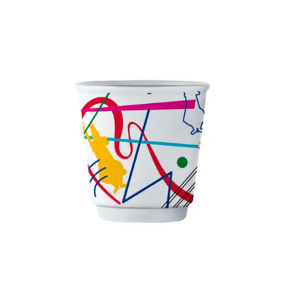 Vaso de espresso Bialetti de cerámica blanca con diseño gráfico multicolor y líneas