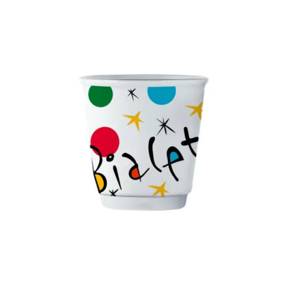 Vaso de espresso Bialetti de cerámica blanca con letras y puntos multicolor
