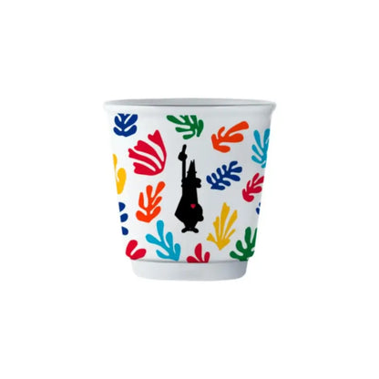 Vaso de espresso Bialetti de cerámica blanca con estampado de guitarras y hojas de colores