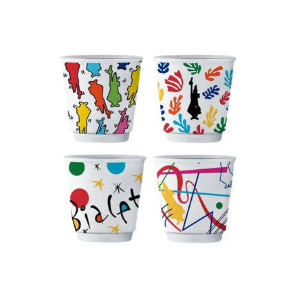 Set de 4 vasos de espresso Bialetti de cerámica blanca con diseño colorido abstracto