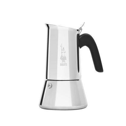 Cafetera italiana Venus Bialetti de acero pulido con asa negra y válvula superior
