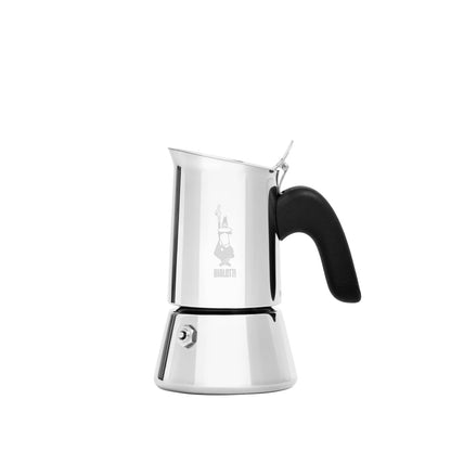 Cafetera italiana Venus Bialetti de acero pulido con asa negra y tapa superior