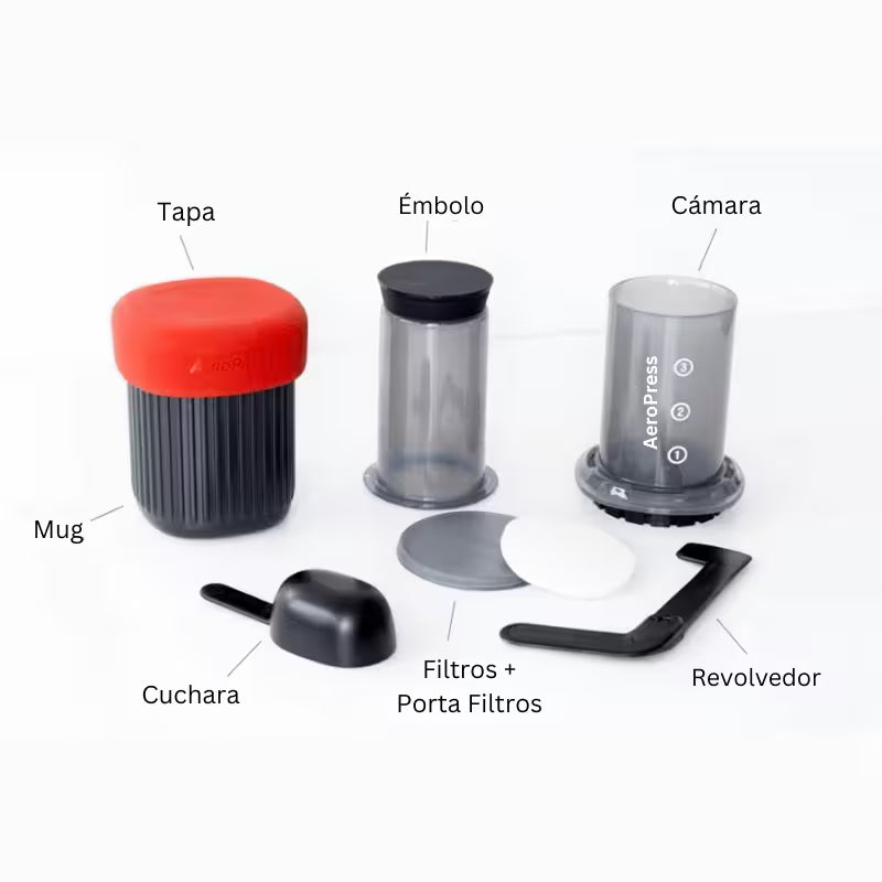 Accesorios de la prensa de café: taza, émbolo, cámara y filtros en negro y rojo