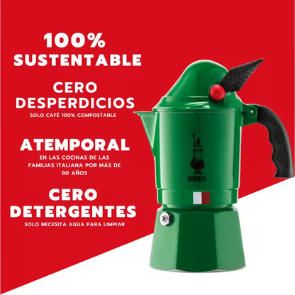Cafetera moka Bialetti Alpina verde con asa negra y botón rojo, 3 tazas.