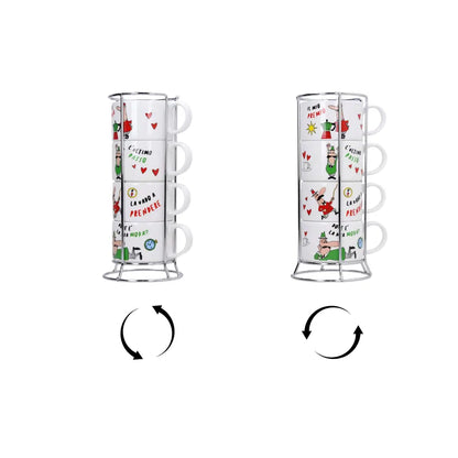 Juego de 4 tazas capuchino con asas e ilustraciones, en soporte metálico